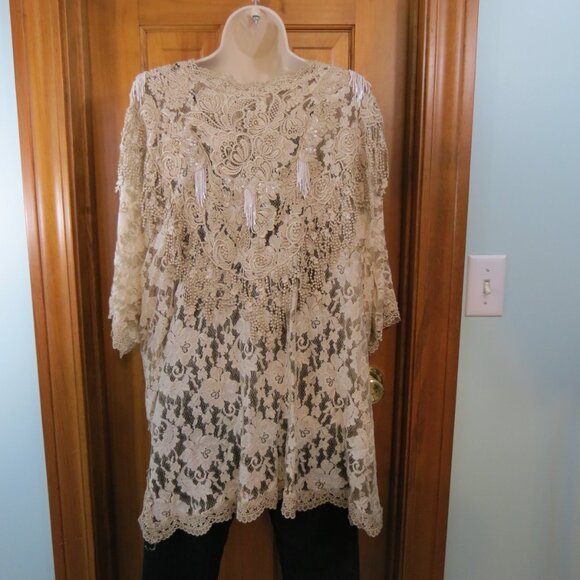 Pat Dahnke Handmade Ivory/Tan Lace Cardigan Kimono BeadedTexas Luxury One Size - Picture 8 of 11